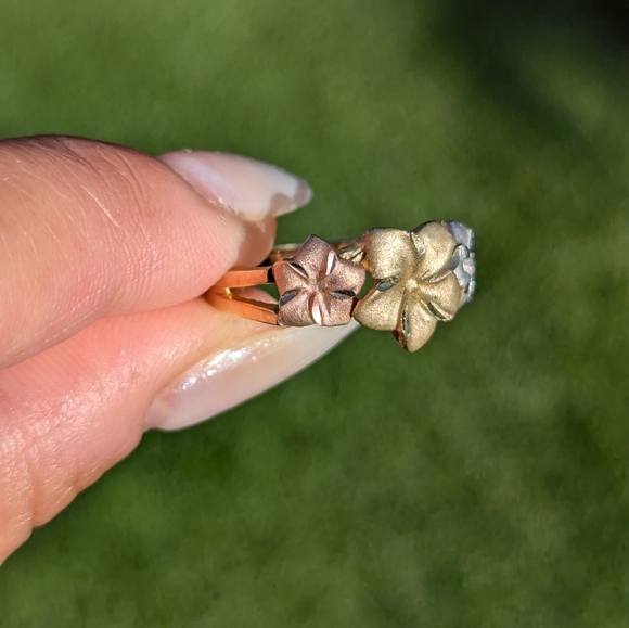 Solid 14K Yellow Rose White Tri Color Plumeria Ring - Picture 2 of 7